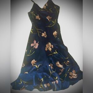 Lumiere Navy Floral Printed Satiny Wrap Dress with Ruffle Detail
